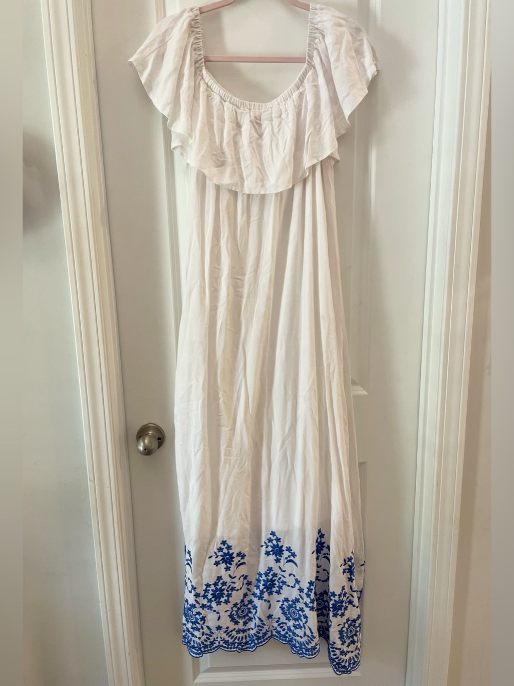 White Maxi Dress with Blue Embroidered Hem